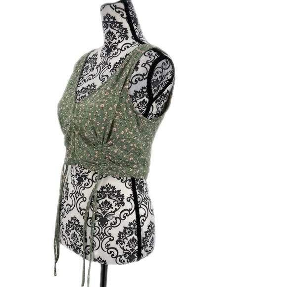 Iris Green Floral Ruched Crop Top Button Front Tank with Adjustable Ties - Picture 12 of 13